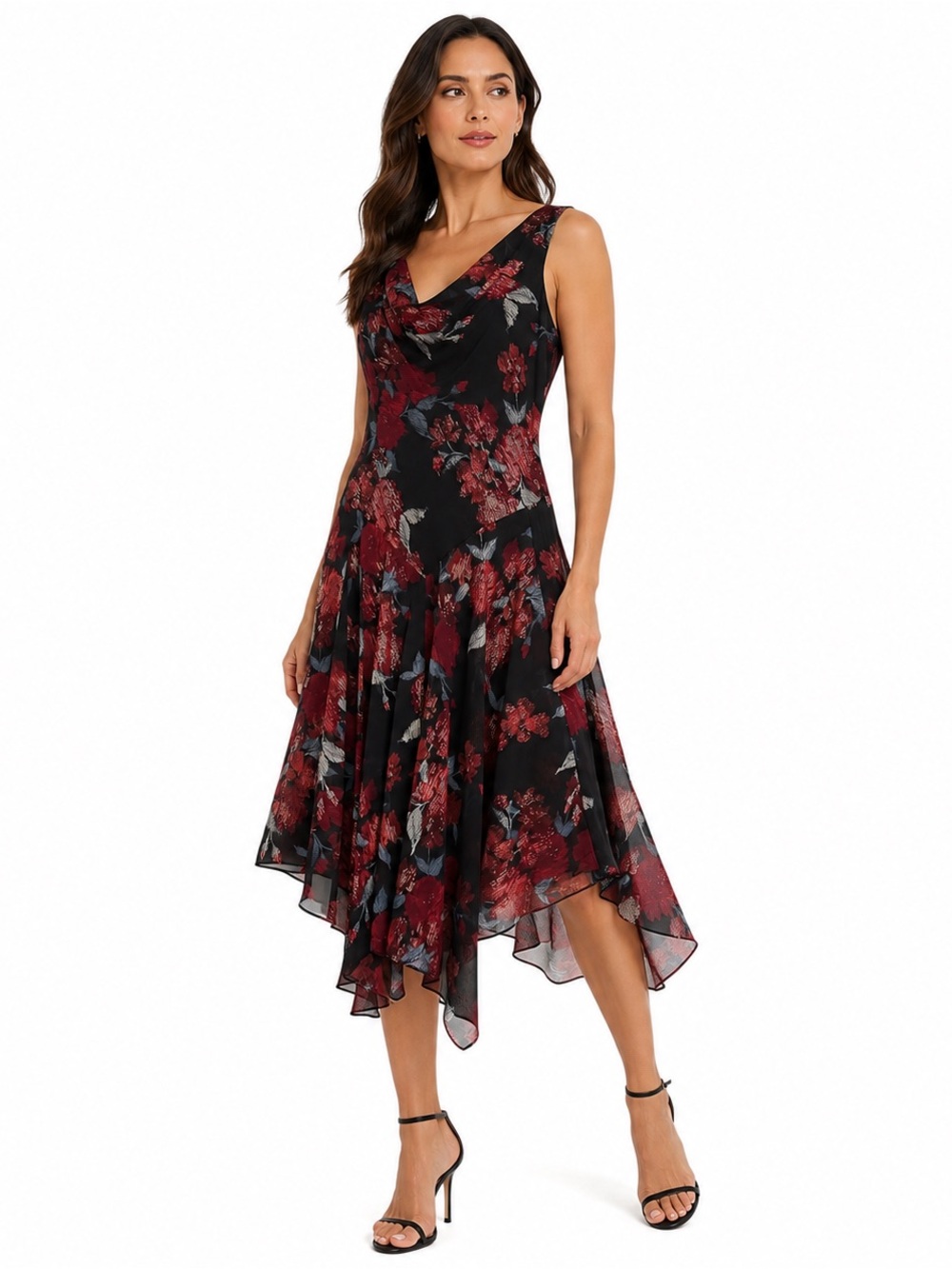 Signature by Robbie Bee Black Midi Dress with Red Floral Print